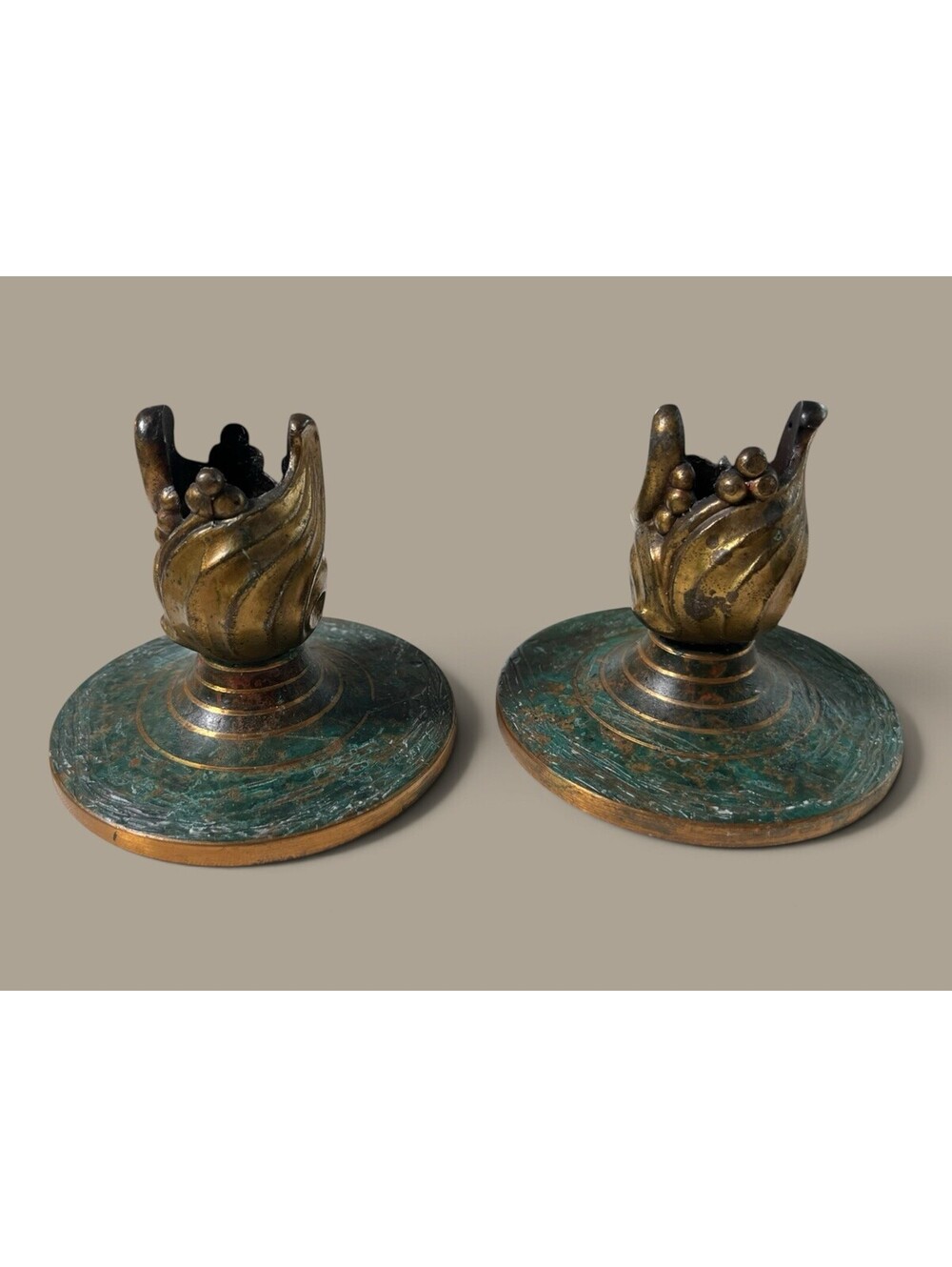 2 Carl Sorensen Bronze Art Deco 1930s-1940s Candlestick Holders Signed Flaw